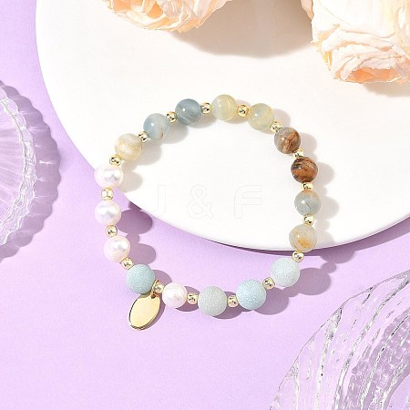 8MM Round Natural Blue Calcite and Potato Natural Pearl Beaded Stretch Bracelets BJEW-JB14482-1