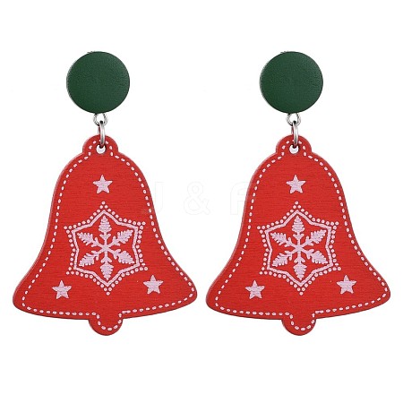 Christmas Bell Dyed Poplar Wood Dangle Stud Earrings EJEW-JE03359-01-1