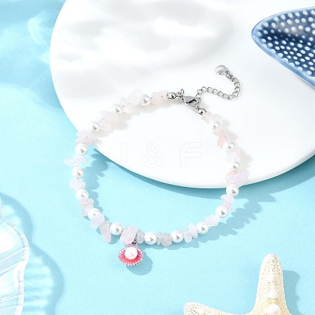 Alloy Enamel Shell Shape Charm White Round Shell Pearl & Natural Rose Quartz Chip Beaded Anklets AJEW-AN00734-01-1
