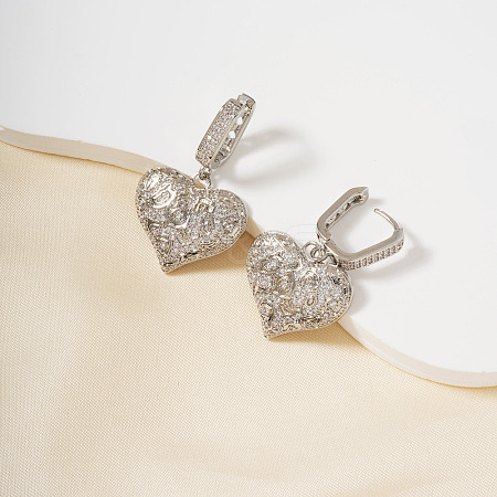 French Style Heart Brass Clear Cubic Zirconia Hoop Earrings OS1413-1-1