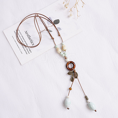 Ethnic Alloy Leaf & Porcelain & Wood Ring Pendant Adjustable Y Necklaces for Women FS-WG89735-01-1