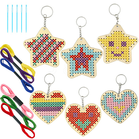 1 Set Wooden Heart Star Keychain Embroidery Beginner Kit DIY-SC0030-07-1