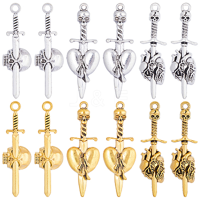 36Pcs 6 Style Tibetan Style Alloy Big Pendants FIND-SC0005-70-1