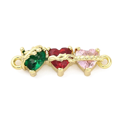 Brass Colorful Cubic Zirconia 3 Heart Connector Charms KK-D325-02G-1