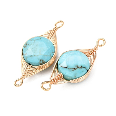 Natural Turquoise Faceted Hexagonal Cut Flat Round Links Connector Charms with Copper Herringbone Wire-Wrapped KK-Z152-07G-01-1