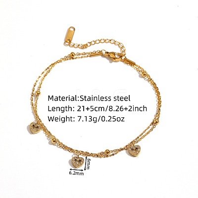 304 Stainless Steel Crystal Rhinestone Triple Heart Charm 2-Strand Anklets for Women WG509DE-01-1