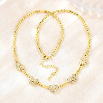 Brass Micro Pave Clear Cubic Zirconia Butterfly and Round Beaded Necklaces KK-CBA4547-13G-1