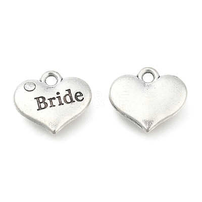 Wedding Theme Antique Silver Tone Tibetan Style Heart with Bride Rhinestone Charms X-TIBEP-N005-12E-1