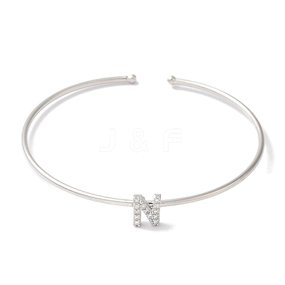 Rack Plating Brass Micro Pave Clear Cubic Zirconia Letter Open Cuff Bangles BJEW-A018-01P-N-1