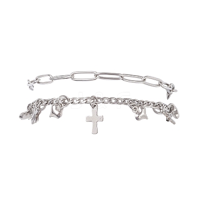 304 Stainless Steel Paperclip & Figaro Chain Bracelets for Women BJEW-JB12445-01-1