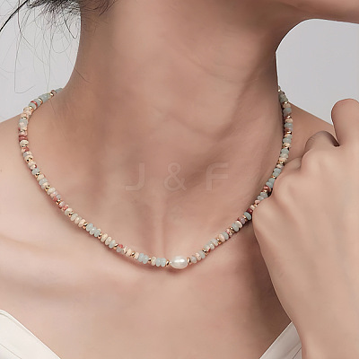 Natural Shoushan Stone & Natural Freshwater Pearl & Brass Rondelle Beaded Necklaces for Women WG98AF4-02-1