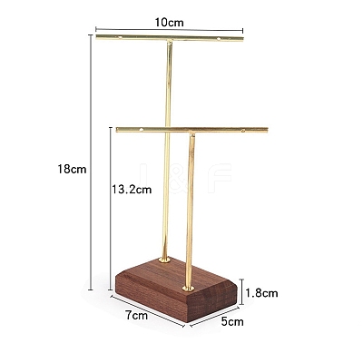 2 Golden Tone T-Bar Metal Dangle Earring Jewelry Display Rack with Wooden Base PW-WG96331-02-1