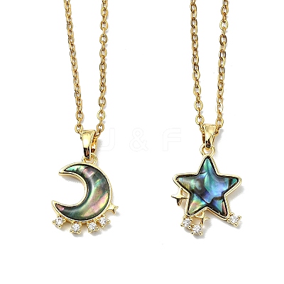 2Pcs 2 Styles Natural Paua Shell with Brass Micro Pave Clear Cubic Zirconia Pendant Necklaces NJEW-JN06078-1