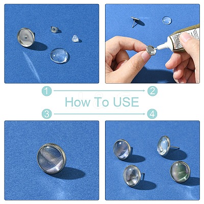 160Pcs 4 Styles Flat Round 304 Stainless Steel Stud Earring Settings with Transparent Glass Cabochons with 304 Stainless Steel Ear Nuts with Plastic Ear Nuts FIND-YW0005-37-1