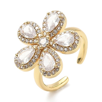 Flower Brass Micro Pave Cubic Zirconia Cuff Rings for Women RJEW-A069-14G-03-1