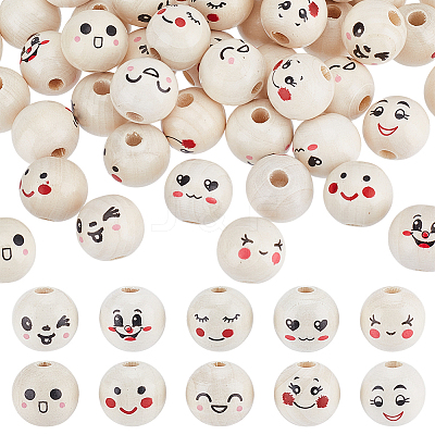 100Pcs 10 Styles Printed Wood European Beads WOOD-UN0001-22A-1