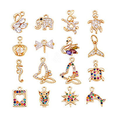 16Pcs 16 Styles Brass Micro Pave Cubic Zirconia Pendants KK-PH0013-35-1