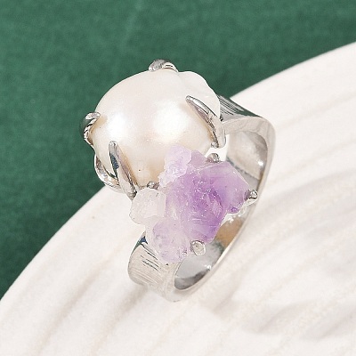 Nuggets Natural Amethyst & Pearl Open Cuff Rings RJEW-K286-13P-1