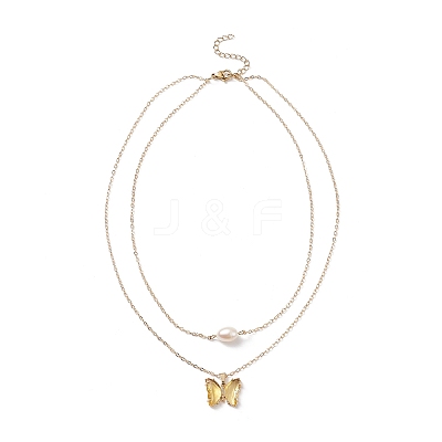 Glass Butterfly & Natural Pearl Pendants Double Layer Necklace with Clear Cubic Zirconia NJEW-TA00043-04-1
