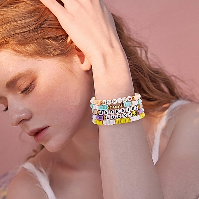 10Pcs 10 Style Encourage Word Polymer Clay Heishi Surfer Stretch Bracelets Set with Heart BJEW-SW00041-1