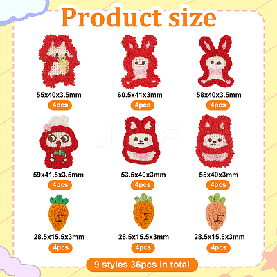36Pcs 9 Styles Easter Rabbit & Carrot Yarn Knitted Appliques PATC-FG0001-76-1