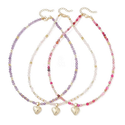 3Pcs 3 Styles Brass Heart Locket Pendant Faceted Round Natural Amethyst & Rose Quartz & Dyed Agate Beaded Necklaces NJEW-JN05737-1
