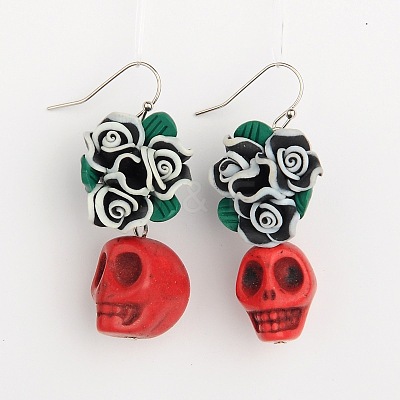 Stylish Skull Howlite Beads Earrings X-EJEW-JE01060-1