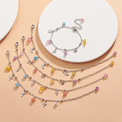 Synthetic Crackle Quartz Chips & 304 Stainless Steel Charm Bracelet for Women BJEW-JB09331-1