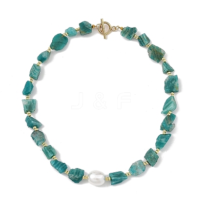Raw Rough Natural Amazonite Nuggets & Oval Shell Pearl Beaded Necklaces for Women NJEW-JN06486-1