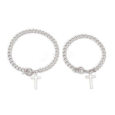 2Pcs 2 Sizes 304 Stainless Steel Cuban Link Chain Cross Charm Bracelet Sets for Women Men BJEW-JB12444-1