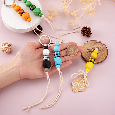 6Pcs 6 Colors Schima Wood & Cotton Cord Keychain KEYC-KS0001-03-1