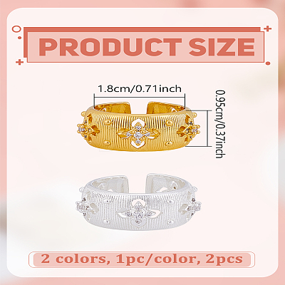 2Pcs 2 Colors Brass Micro Pave Cubic Zirconia Cuff Rings for Women RJEW-LP0005-17-1