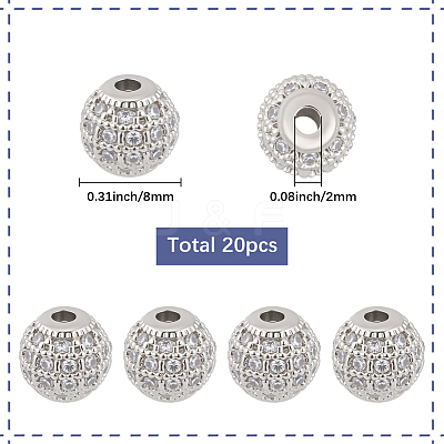 20Pcs Round Brass Micro Pave Cubic Zirconia Beads ZIRC-SC0001-37B-1
