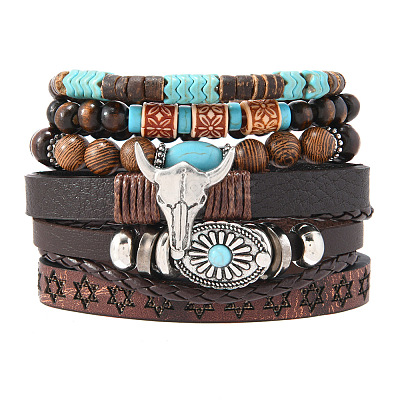 6Pcs 6 Styles Zinc Alloy and Wood Beads Coconut Shell Artificial Leather Cord Braided Bracelets & Stretch Bracelets Sets FS-WG2D370-01-1
