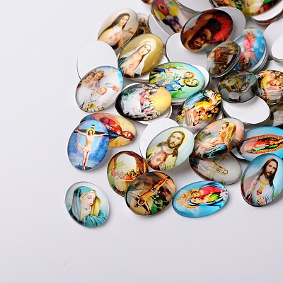 Jesus and the Virgin Printed Glass Oval Cabochons GGLA-N003-18x25-A-1