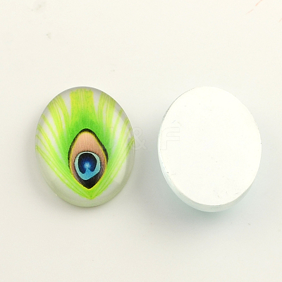 Feather Pattern Glass Flatback Oval Cabochons for DIY Projects X-GGLA-R022-30x20-24L-1