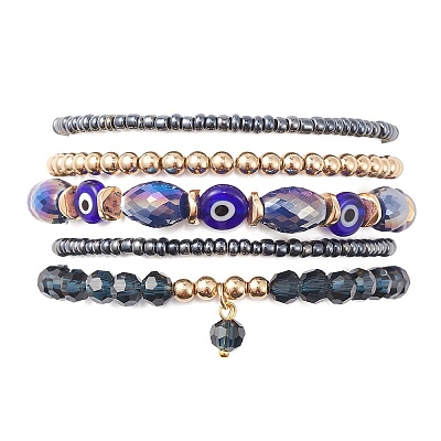 5Pcs 5 Style Glass & Lampwork Evil Eye Stretch Bracelets Set BJEW-JB09619-01-1