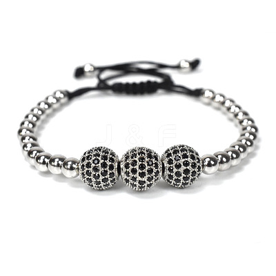 Adjustable Brass with Black Cubic Zirconia Beaded Braided Bracelets MK6347-2-1