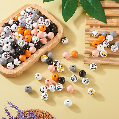 160Pcs 11 Styles Printed Cat & Dog Wood Beads WOOD-TA0001-74-1