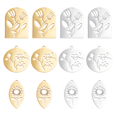 12Pcs 6 Style 201 Stainless Steel Pendants STAS-DC0006-24-1