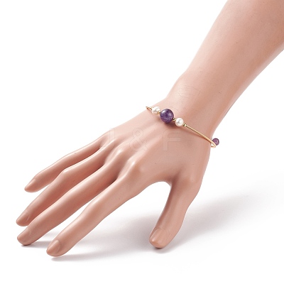 Natural Amethyst & Pearl Round Beaded Bangle BJEW-JB08464-03-1
