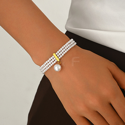 Natural Freshwater Pearl Round Charm Multi-strand Bracelets with 201 Stainlee Steel End Chains UK4868-1