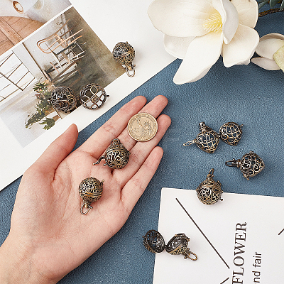 10Pcs 5 Styles Round Brass Hollow Cage Pendants KK-SC0003-05-1