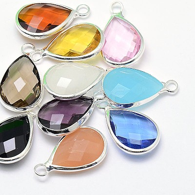 Silver Color Plated Brass Glass Teardrop Pendants GLAA-J017A-S-1