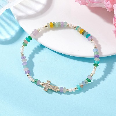 Brass Micro Pave Clear Cubic Zirconia Cross & Natural Pearl & White Jade Rondelle Beads Stretch Bracelets for Women BJEW-JB13114-01-1