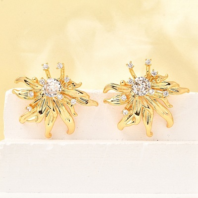 Flower Brass Micro Pave Cubic Zirconia Stud Earrings EJEW-B148-08B-G-1