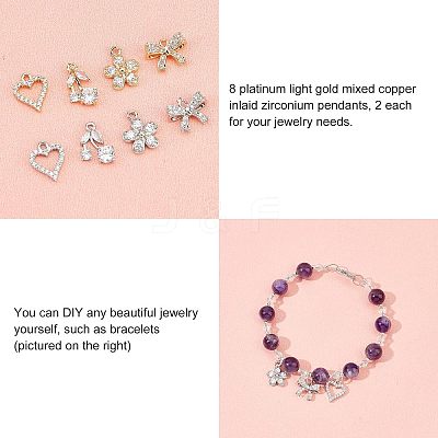 16Pcs 8 Style  Rack Plating Brass Micro Pave Cubic Zirconia Charms ZIRC-FH0001-17-1