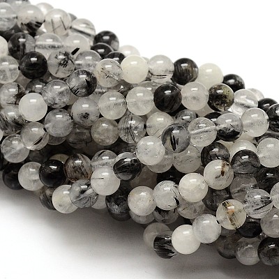 Natural Gemstone Black Rutilated Quartz Round Beads Strands G-E251-30-4mm-1