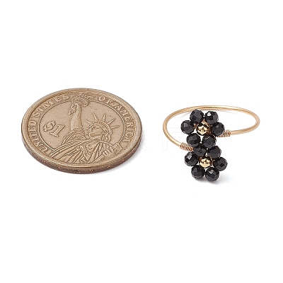 Flower Natural Rainbow Moonstone & Black Spinel Finger Rings RJEW-JR00777-1