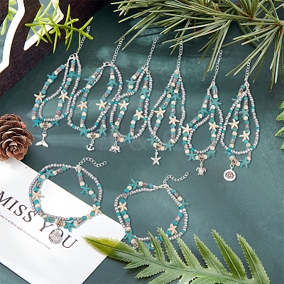 8Pcs 8 Style Synthetic Turquoise Starfish & Seed & Resin Beaded Double Layer Multi-strand Anklets Set AJEW-AN0001-03-1